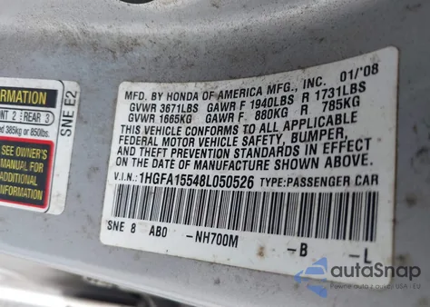 2008 Honda Civic Lx из США, поврежденный, VIN 1HGFA15548L050526